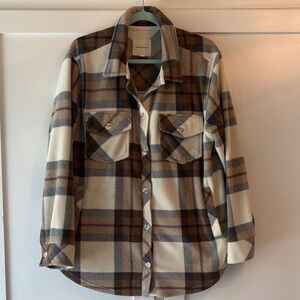 Thread & Supply Plaid Polar Fleece Shacket in Tan, Gray and Cream Women’s Size L